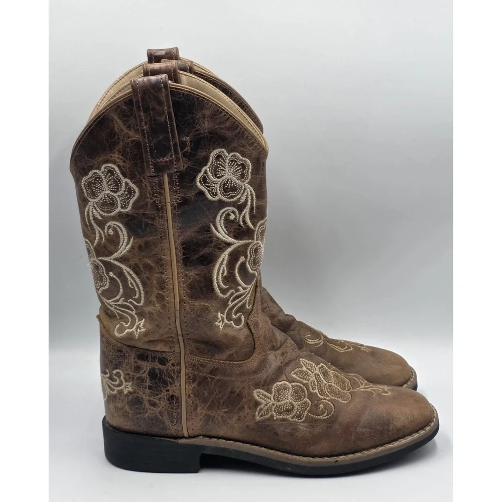 Shyanne Girls Brown Distressed Leather Floral Embroidered Cowboy Boots Size 3 D